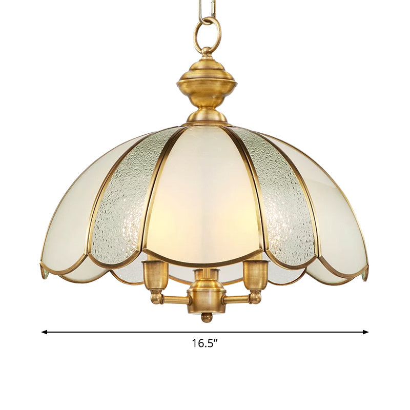 Classic Polished Brass Chandelier With Frosted Glass Lamp: 3-Light Dome Hanging Lighting