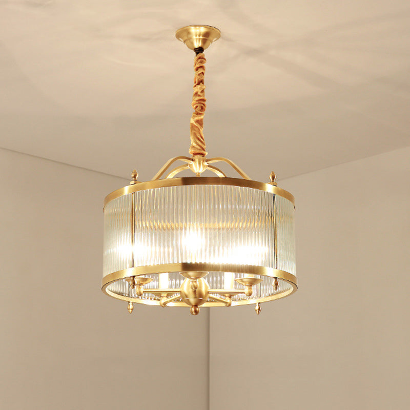 Colonial Drum Ribbed Glass Chandelier - Polished Brass Small/Medium/Large Sizes Multiple Lights /