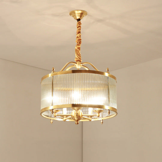 Colonial Drum Ribbed Glass Chandelier - Polished Brass Small/Medium/Large Sizes Multiple Lights /