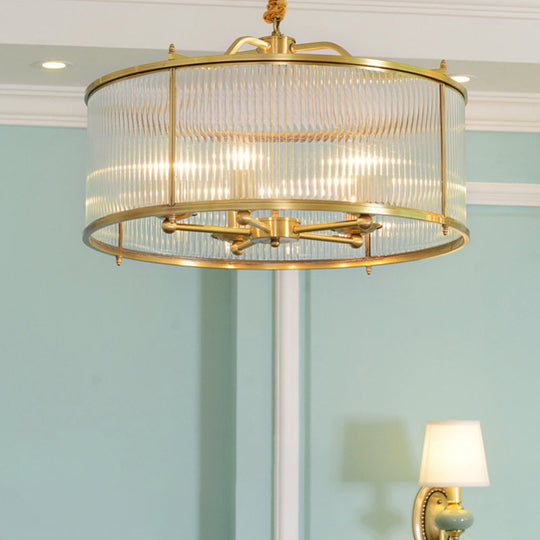 Colonial Drum Ribbed Glass Chandelier - Polished Brass Small/Medium/Large Sizes Multiple Lights