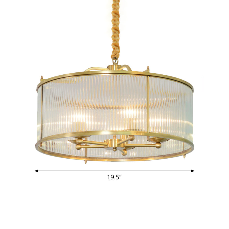 Colonial Drum Ribbed Glass Chandelier - Polished Brass Small/Medium/Large Sizes Multiple Lights