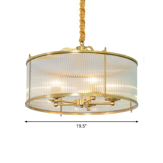 Colonial Drum Ribbed Glass Chandelier - Polished Brass Small/Medium/Large Sizes Multiple Lights