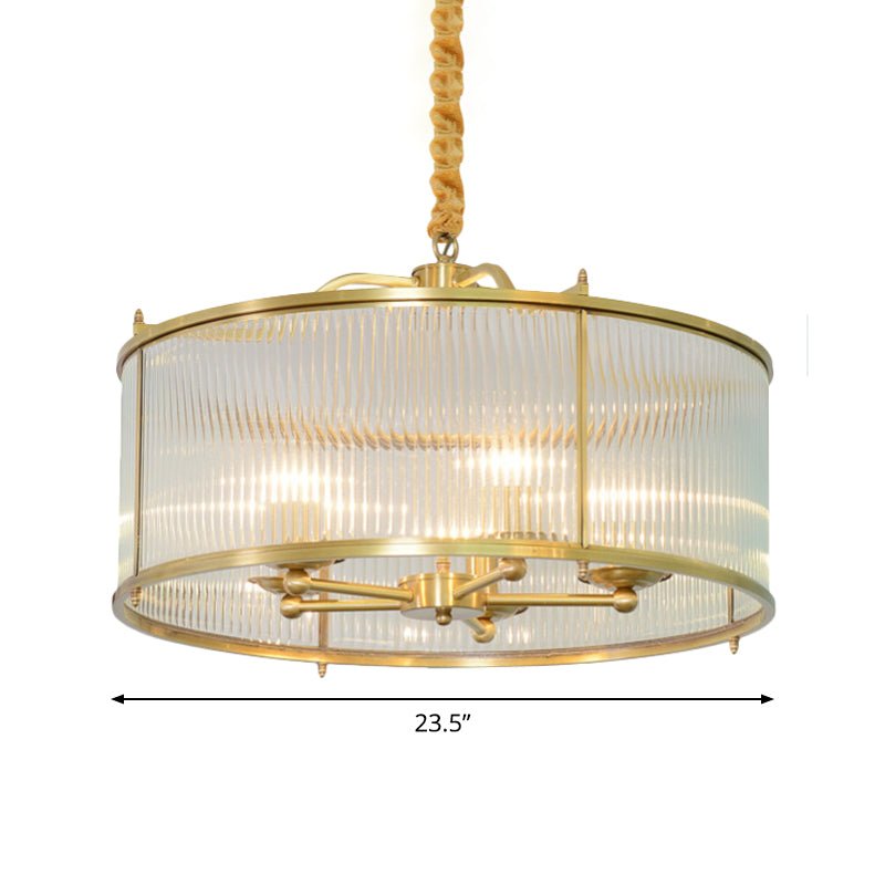 Colonial Drum Ribbed Glass Chandelier - Polished Brass Small/Medium/Large Sizes Multiple Lights