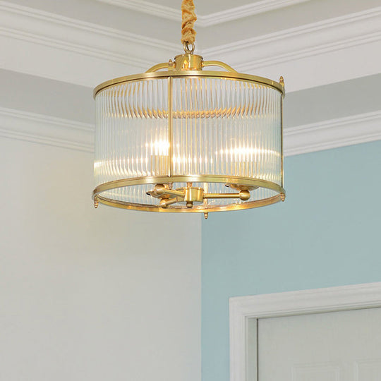 Colonial Drum Ribbed Glass Chandelier - Polished Brass Small/Medium/Large Sizes Multiple Lights