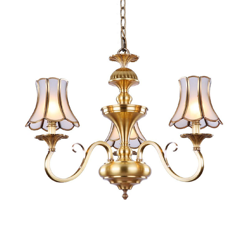 Traditional Bedroom Chandelier Light With Frosted Glass Shades - Polished Brass Finish 3/5/6 Lights