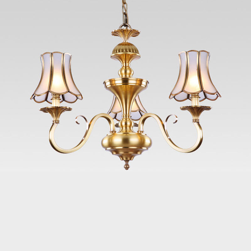 Traditional Bedroom Chandelier Light With Frosted Glass Shades - Polished Brass Finish 3/5/6 Lights