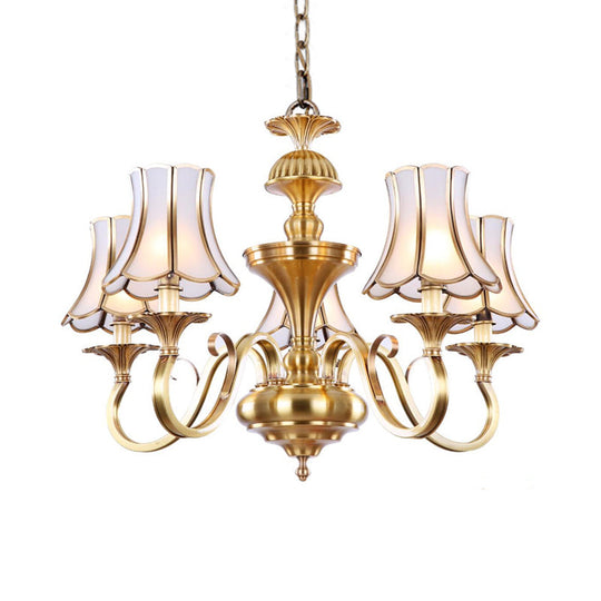 Traditional Bedroom Chandelier Light With Frosted Glass Shades - Polished Brass Finish 3/5/6 Lights