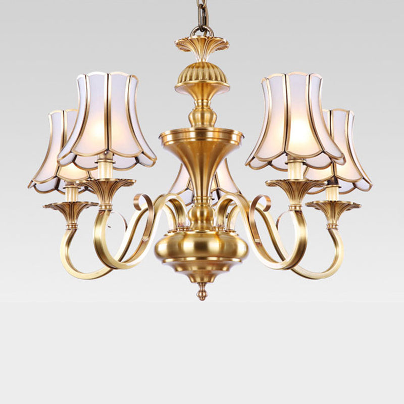 Traditional Bedroom Chandelier Light With Frosted Glass Shades - Polished Brass Finish 3/5/6 Lights