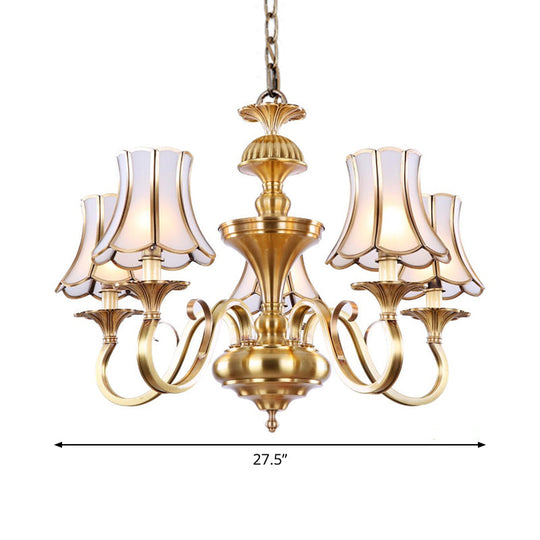 Traditional Bedroom Chandelier Light With Frosted Glass Shades - Polished Brass Finish 3/5/6 Lights