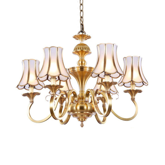 Traditional Bedroom Chandelier Light With Frosted Glass Shades - Polished Brass Finish 3/5/6 Lights