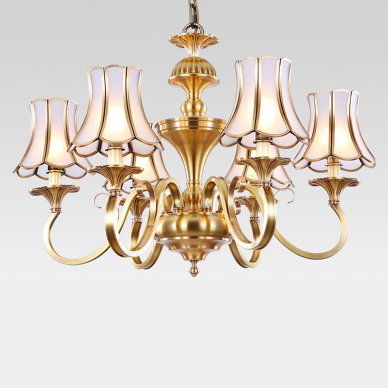 Traditional Bedroom Chandelier Light With Frosted Glass Shades - Polished Brass Finish 3/5/6 Lights