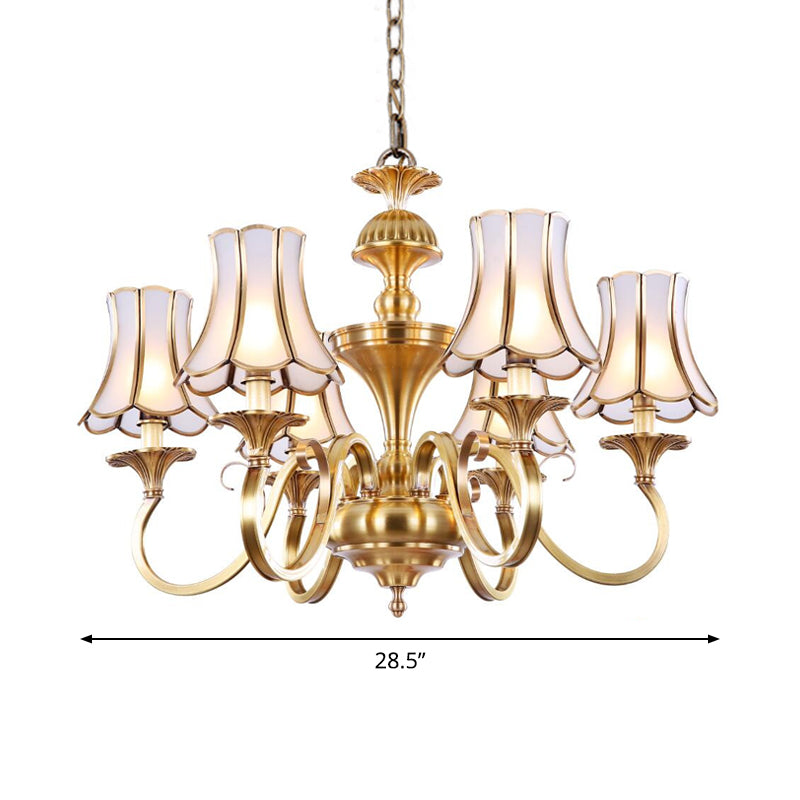 Traditional Bedroom Chandelier Light With Frosted Glass Shades - Polished Brass Finish 3/5/6 Lights