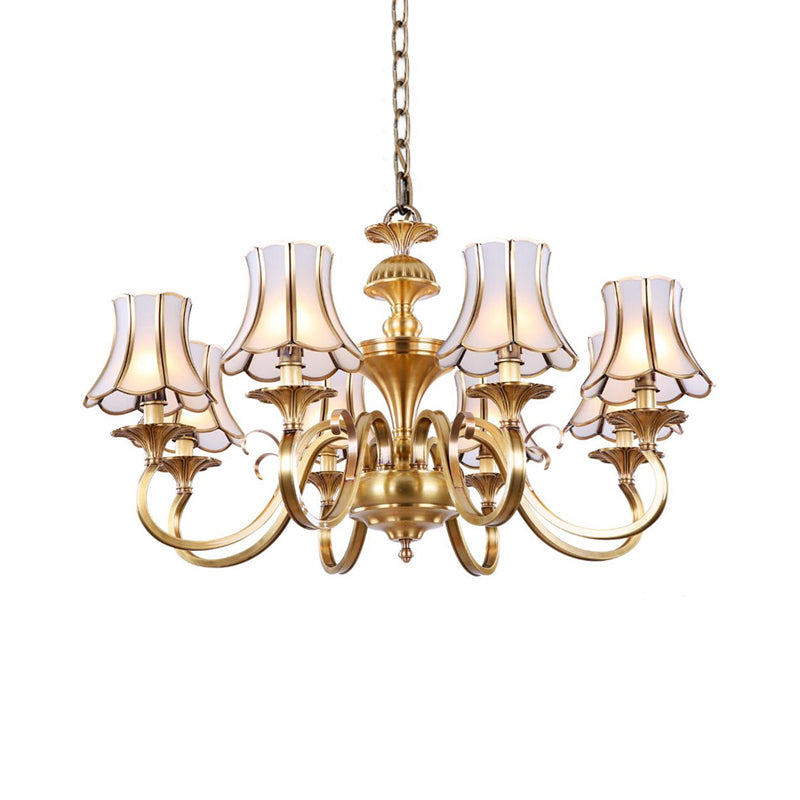 Traditional Bedroom Chandelier Light With Frosted Glass Shades - Polished Brass Finish 3/5/6 Lights