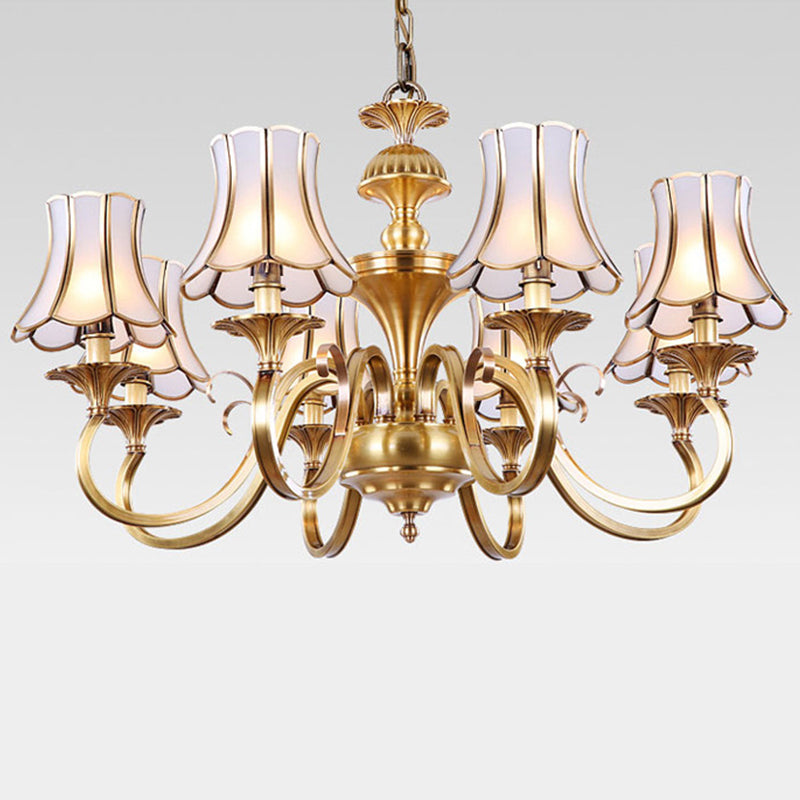 Traditional Bedroom Chandelier Light With Frosted Glass Shades - Polished Brass Finish 3/5/6 Lights