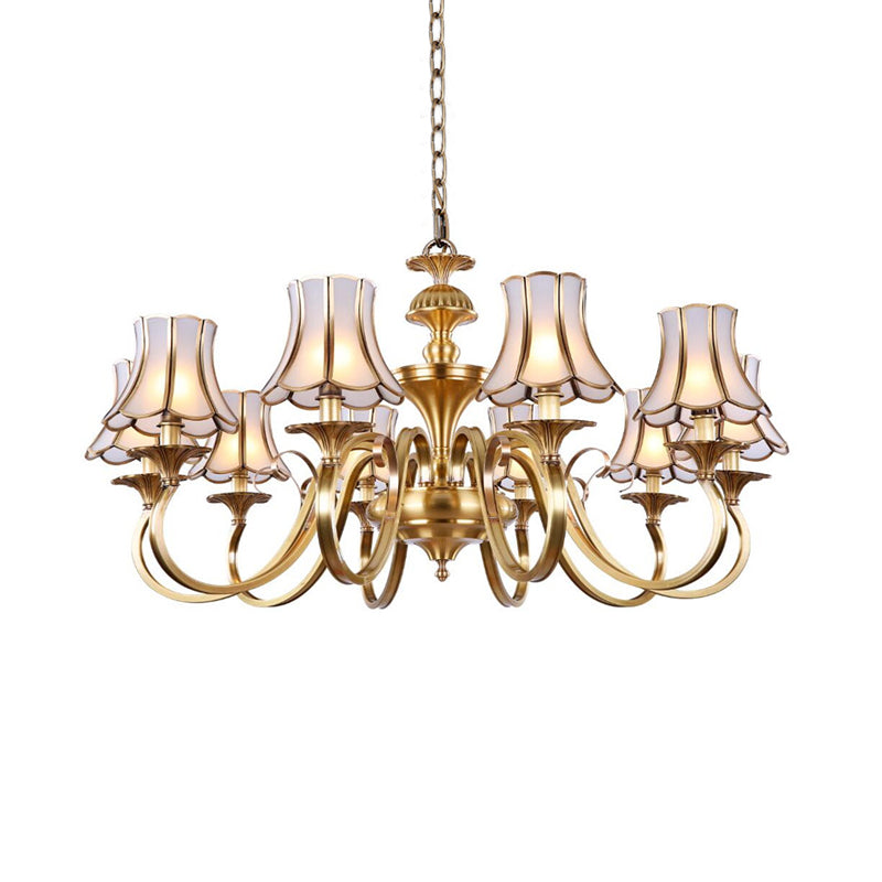 Traditional Bedroom Chandelier Light With Frosted Glass Shades - Polished Brass Finish 3/5/6 Lights