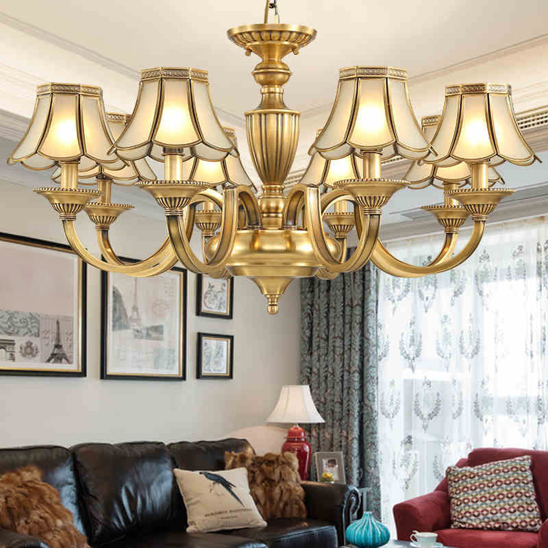 Frosted Glass Panel Chandelier - 6/8/10 Lights Colonial Polished Brass Bedroom Pendant Lamp Elegant