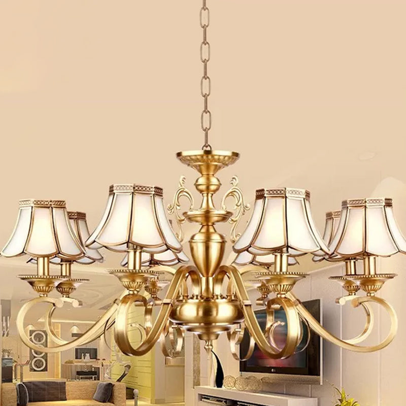 Polished Brass Scalloped Chandelier - Colonial Frosted Glass 8-Light Ceiling Light