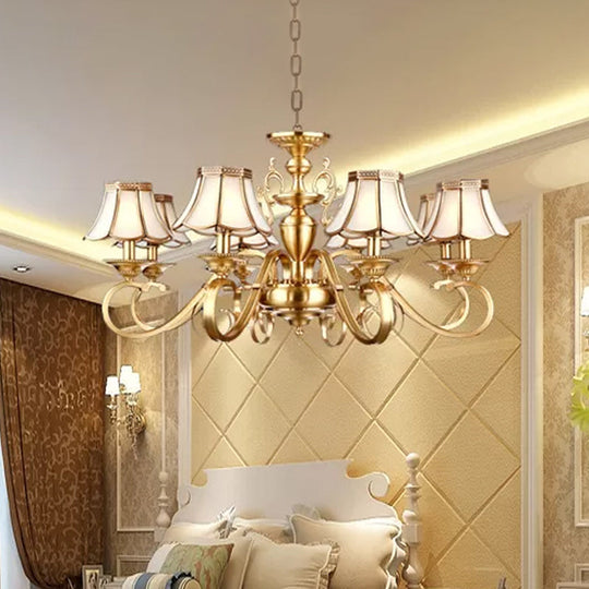 Polished Brass Scalloped Chandelier - Colonial Frosted Glass 8-Light Ceiling Light