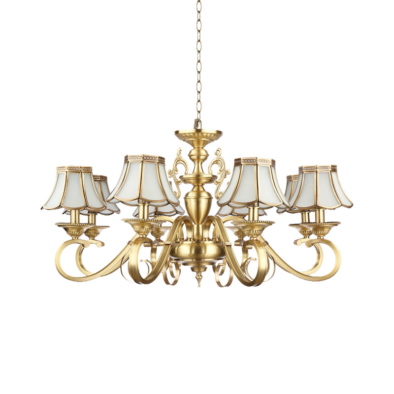 Polished Brass Scalloped Chandelier - Colonial Frosted Glass 8-Light Ceiling Light