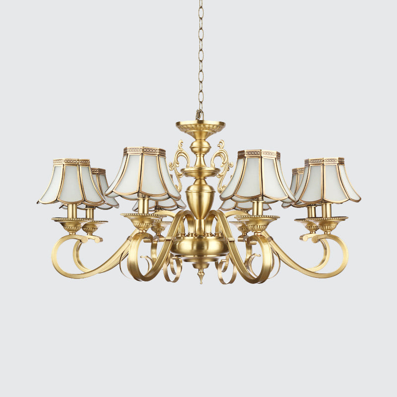 Polished Brass Scalloped Chandelier - Colonial Frosted Glass 8-Light Ceiling Light