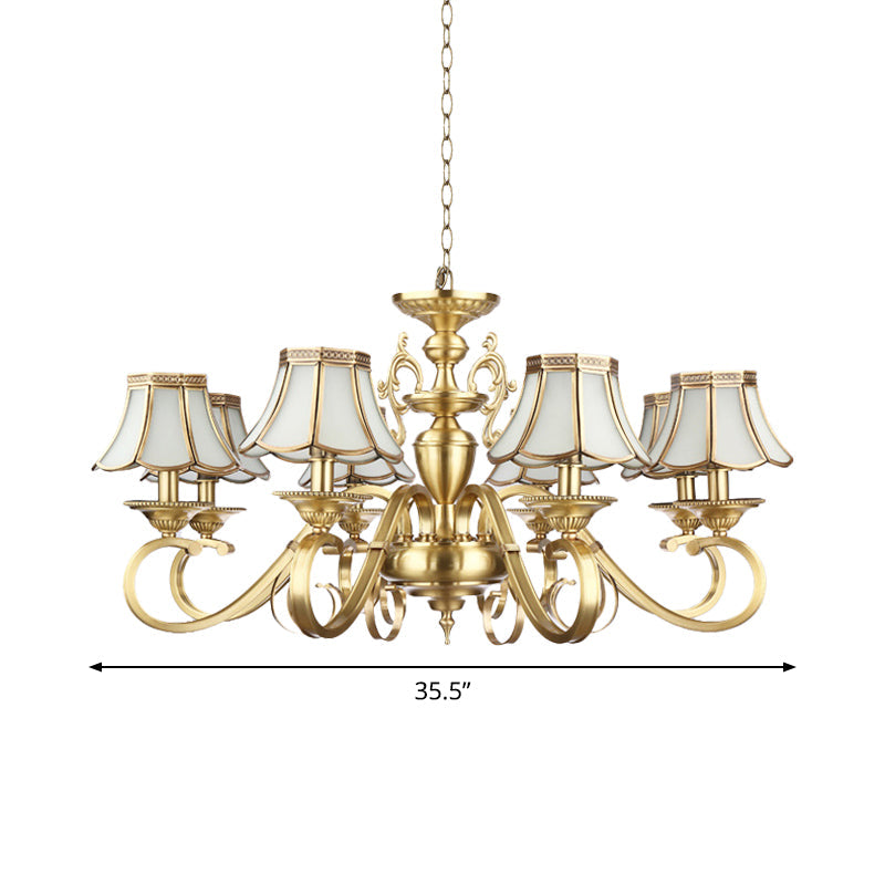 Polished Brass Scalloped Chandelier - Colonial Frosted Glass 8-Light Ceiling Light