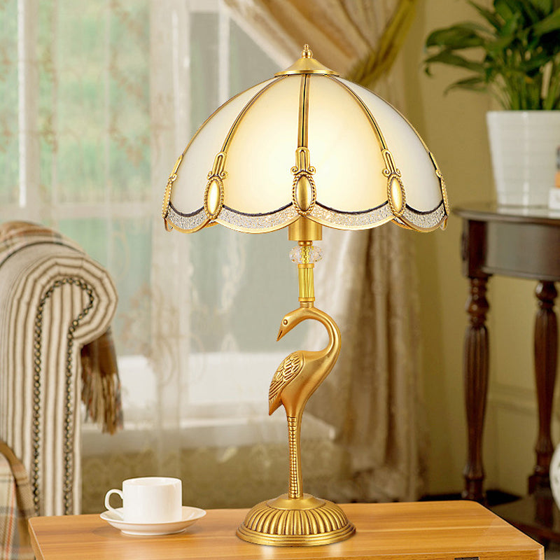 Vintage 1-Light Night Lamp With Frosted Glass Shade And Bird Pedestal In Polished Brass For Bedroom