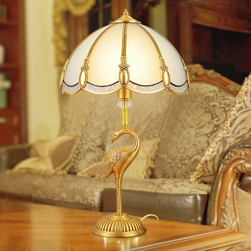 Vintage 1-Light Night Lamp With Frosted Glass Shade And Bird Pedestal In Polished Brass For Bedroom