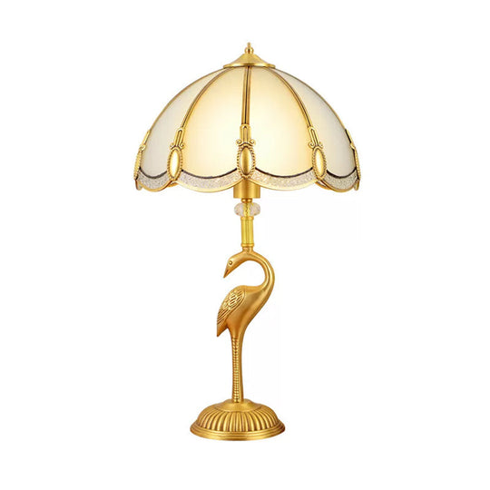 Vintage 1-Light Night Lamp With Frosted Glass Shade And Bird Pedestal In Polished Brass For Bedroom