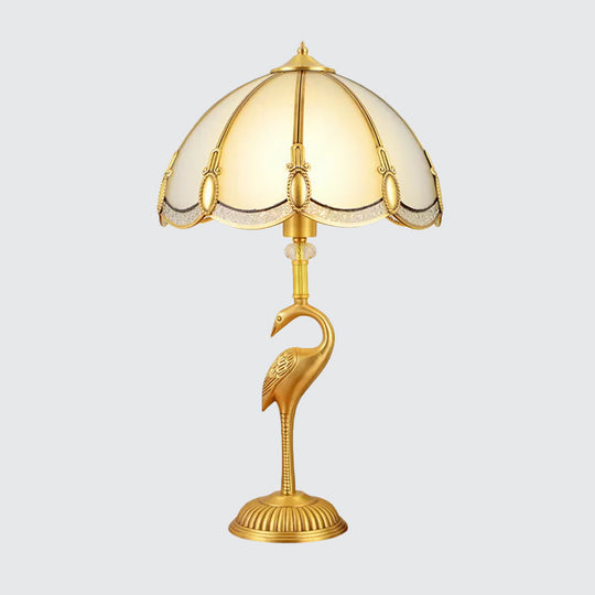 Vintage 1-Light Night Lamp With Frosted Glass Shade And Bird Pedestal In Polished Brass For Bedroom