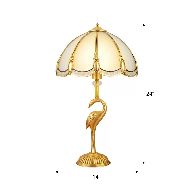 Vintage 1-Light Night Lamp With Frosted Glass Shade And Bird Pedestal In Polished Brass For Bedroom