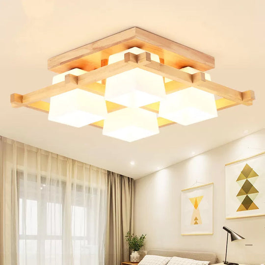 Nordic Light Wood Grid Semi Flush Mount with Frosted Glass Shade - 4/6/9-Light Ceiling Mount