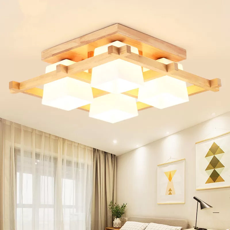 Nordic Light Wood Grid Semi Flush Mount With Frosted Glass Shade - 4/6/9-Light Ceiling 4 /