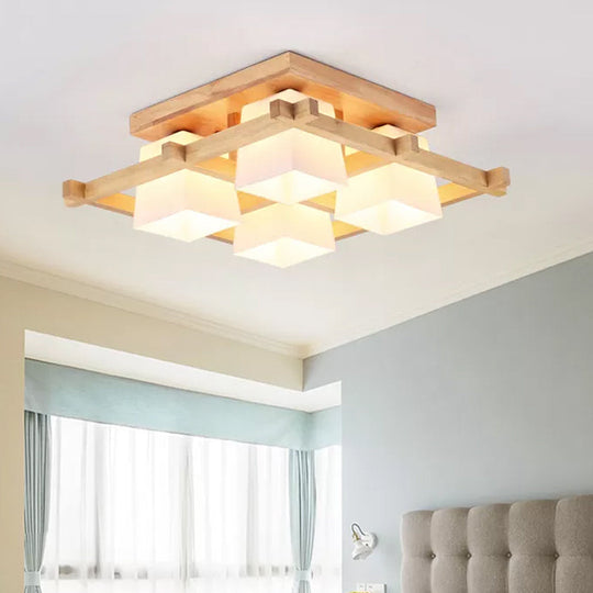 Nordic Light Wood Grid Semi Flush Mount with Frosted Glass Shade - 4/6/9-Light Ceiling Mount