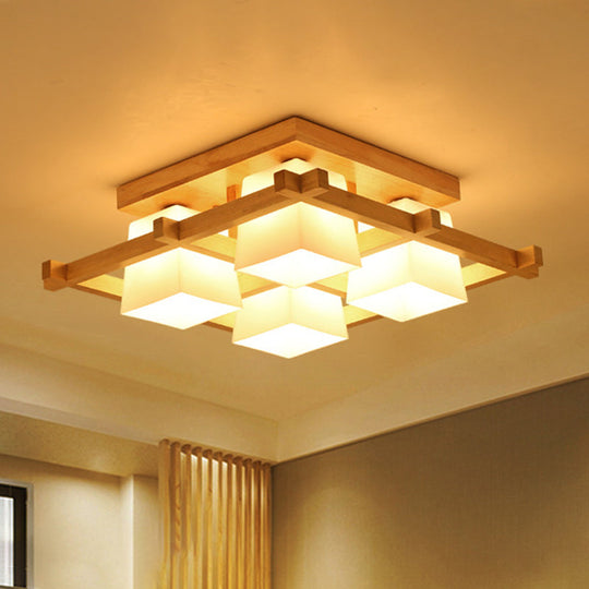 Nordic Light Wood Grid Semi Flush Mount with Frosted Glass Shade - 4/6/9-Light Ceiling Mount