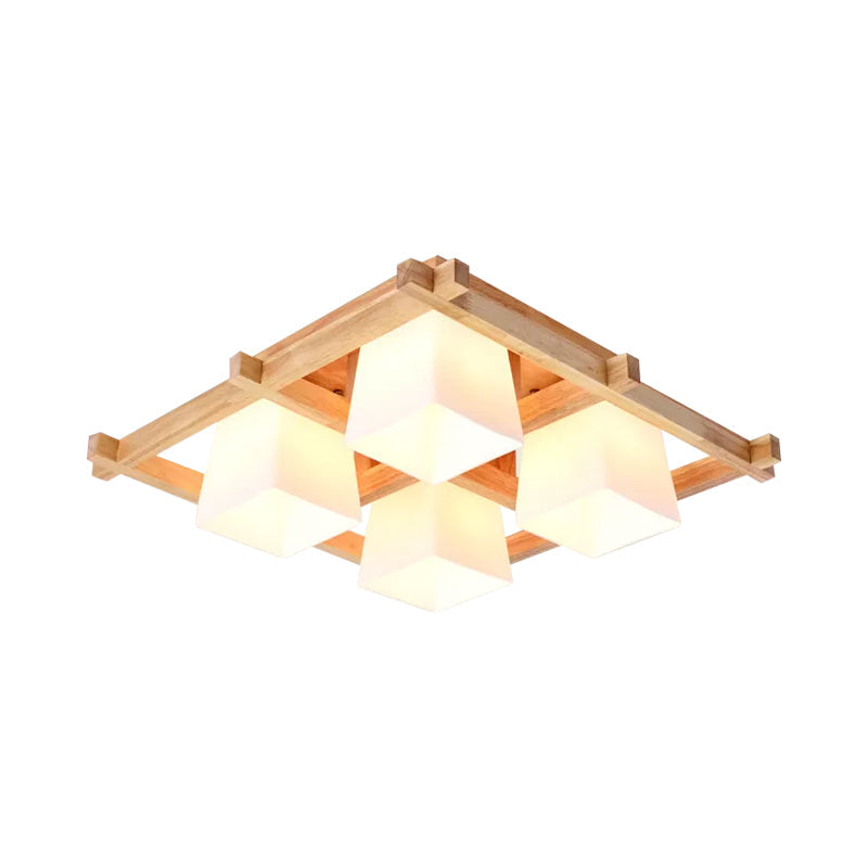 Nordic Light Wood Grid Semi Flush Mount with Frosted Glass Shade - 4/6/9-Light Ceiling Mount