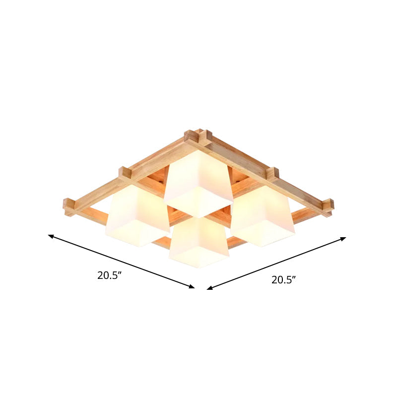 Nordic Light Wood Grid Semi Flush Mount with Frosted Glass Shade - 4/6/9-Light Ceiling Mount