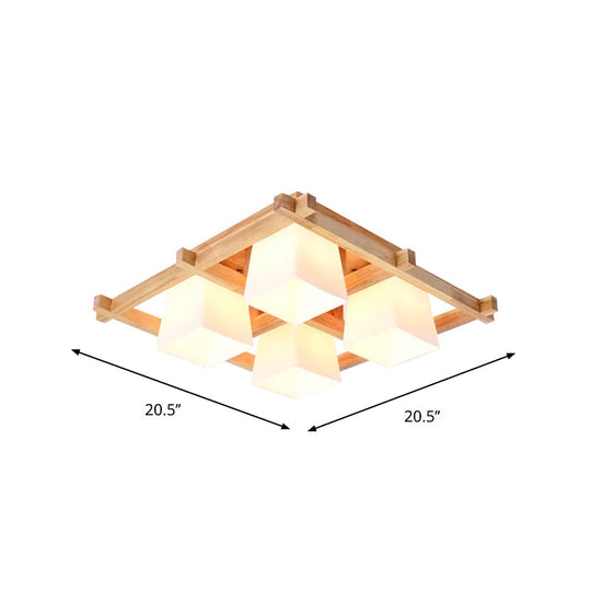 Nordic Light Wood Grid Semi Flush Mount with Frosted Glass Shade - 4/6/9-Light Ceiling Mount