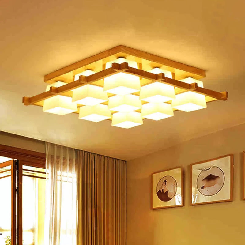 Nordic Light Wood Grid Semi Flush Mount with Frosted Glass Shade - 4/6/9-Light Ceiling Mount