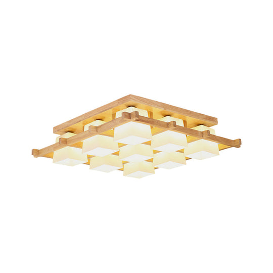 Nordic Light Wood Grid Semi Flush Mount with Frosted Glass Shade - 4/6/9-Light Ceiling Mount