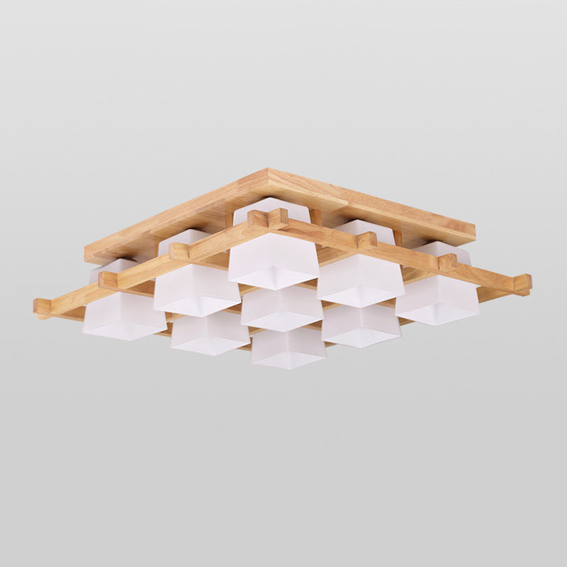 Nordic Light Wood Grid Semi Flush Mount with Frosted Glass Shade - 4/6/9-Light Ceiling Mount