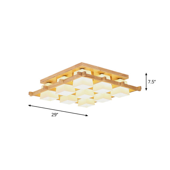 Nordic Light Wood Grid Semi Flush Mount with Frosted Glass Shade - 4/6/9-Light Ceiling Mount