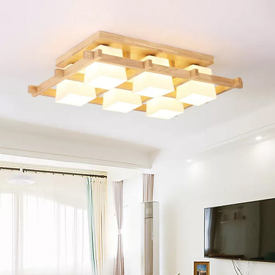 Nordic Light Wood Grid Semi Flush Mount with Frosted Glass Shade - 4/6/9-Light Ceiling Mount