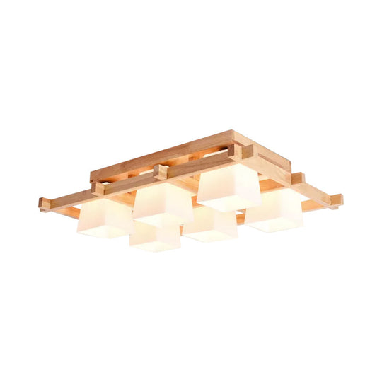 Nordic Light Wood Grid Semi Flush Mount with Frosted Glass Shade - 4/6/9-Light Ceiling Mount