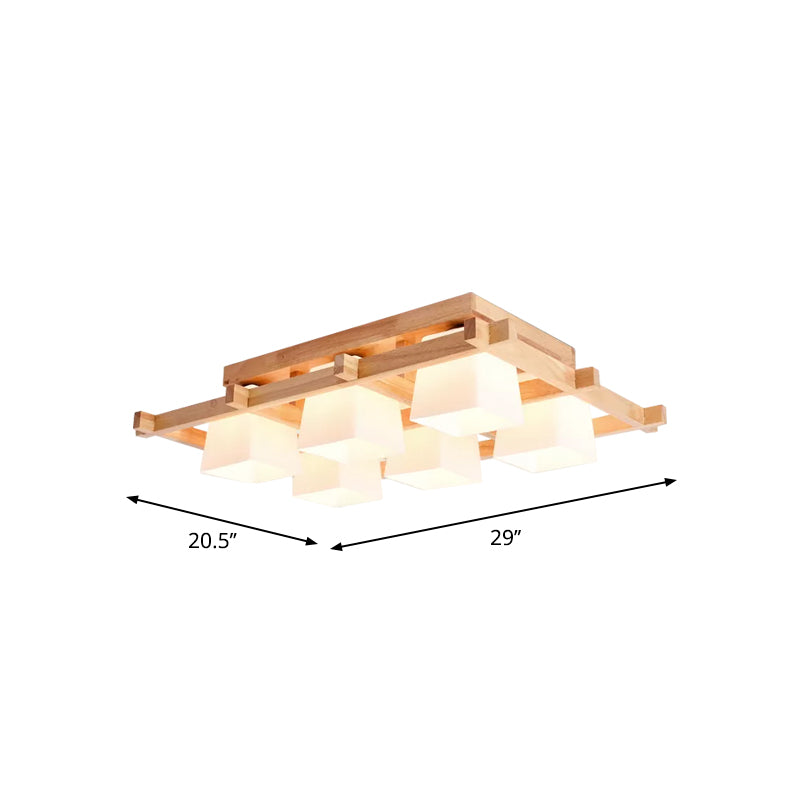 Nordic Light Wood Grid Semi Flush Mount with Frosted Glass Shade - 4/6/9-Light Ceiling Mount