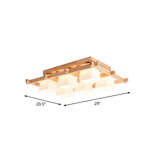 Nordic Light Wood Grid Semi Flush Mount with Frosted Glass Shade - 4/6/9-Light Ceiling Mount