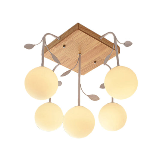 Art Deco Wood Balloon Flush Mount Ceiling Light In Beige For Living Room