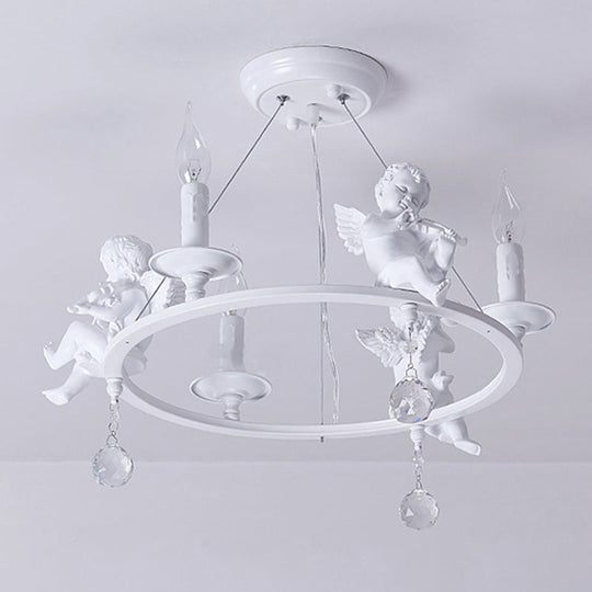 Stylish White Metal Ring & Candle Chandelier With Angel Villa Hanging Light