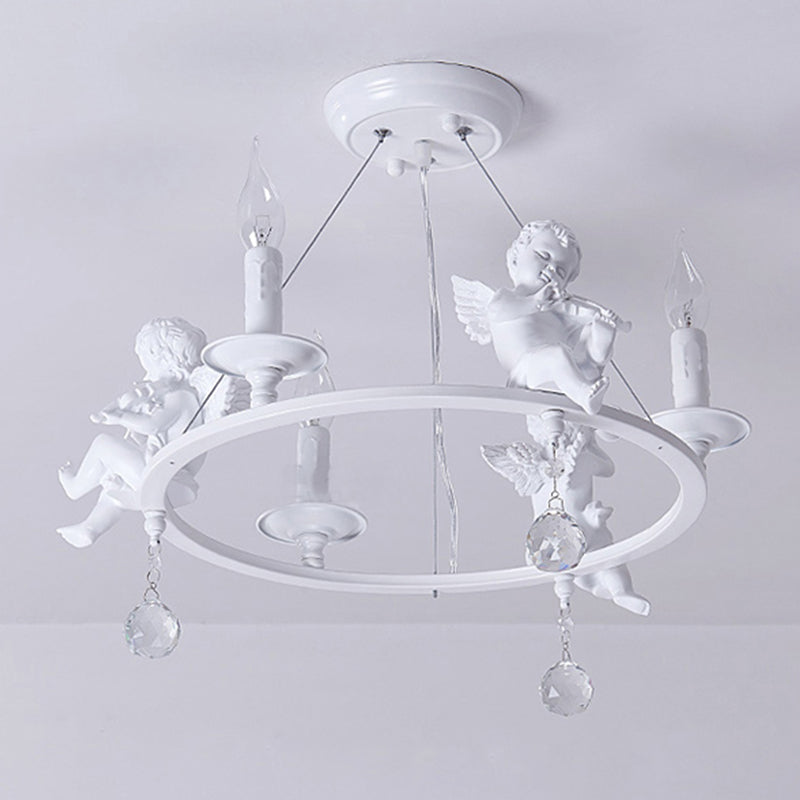 Stylish White Metal Ring & Candle Chandelier With Angel Villa Hanging Light 3 /