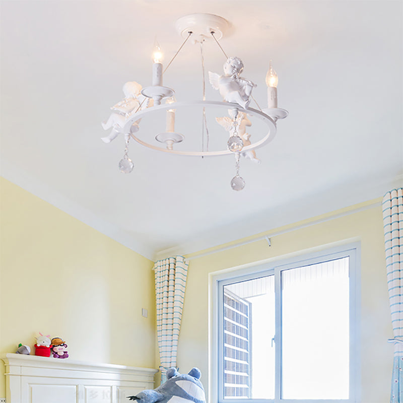 Stylish White Metal Ring & Candle Chandelier With Angel Villa Hanging Light