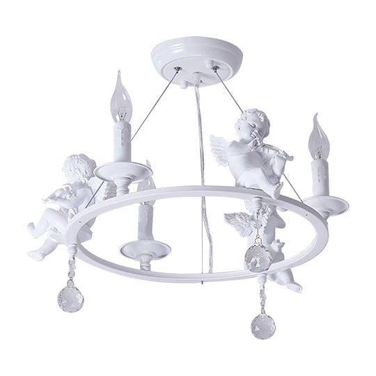 Stylish White Metal Ring & Candle Chandelier With Angel Villa Hanging Light